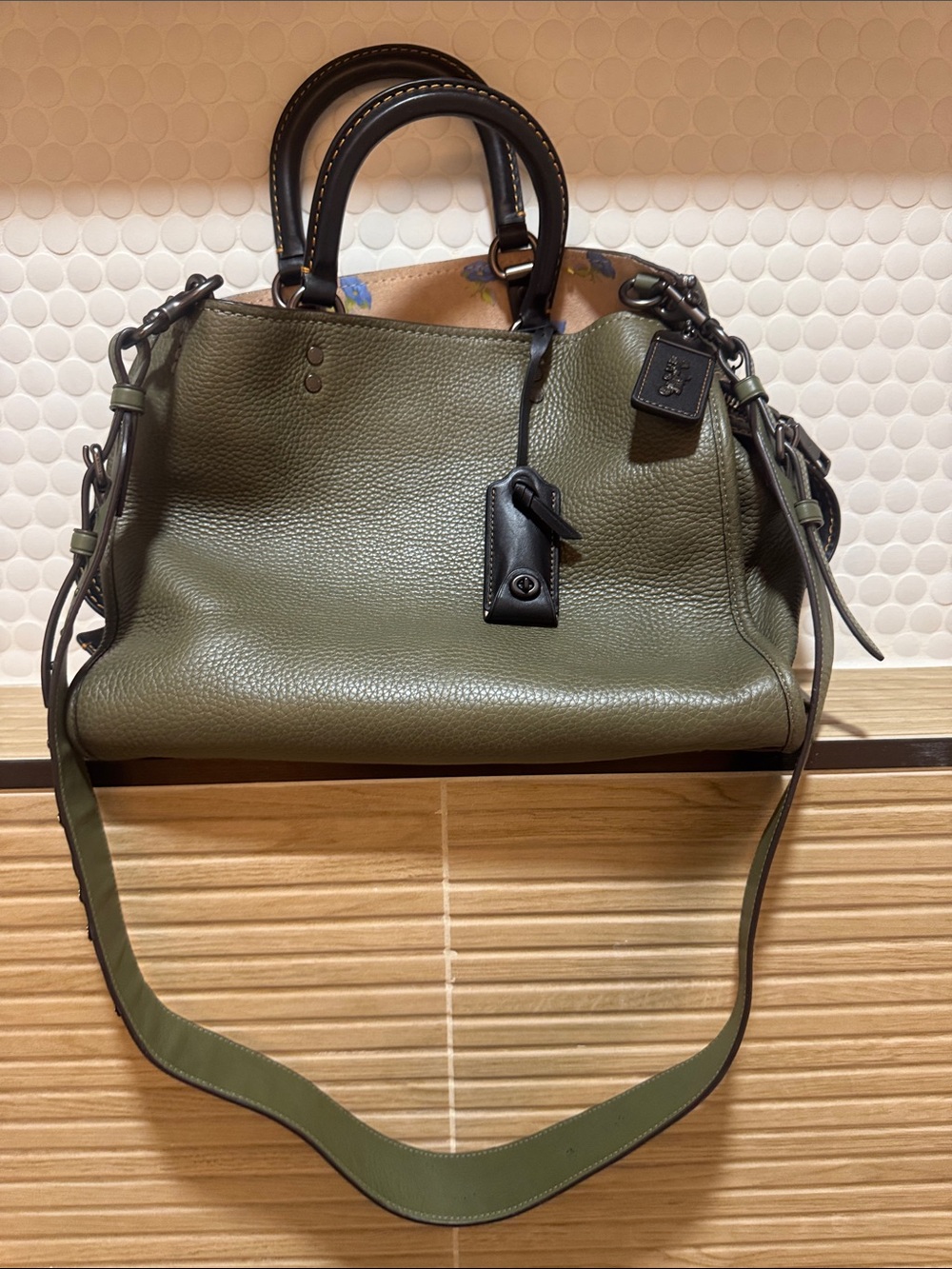 Coach Olive Green Pebble Leather Satchel with Black Trim